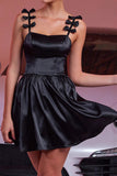 Black Satin A Line Spaghetti Straps Short Cocktail Dress With Bows