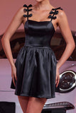Black Satin A Line Spaghetti Straps Short Cocktail Dress With Bows