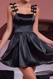 Black Satin A Line Spaghetti Straps Short Cocktail Dress With Bows