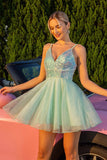 Green Spaghetti Straps A Line Homecoming Dress With Beading