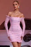 Off The Shoulder Pink Bodycon Cocktail Dress With Beading