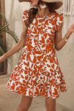 White and Blue Floral A Line Short Summer Dress with Ruffles Sleeves
