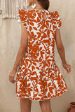 White and Blue Floral A Line Short Summer Dress with Ruffles Sleeves