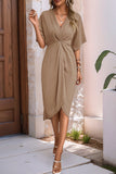 Black V-Neck Bodycon Midi Summer Dress with Half Sleeves