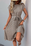 Green Floral A Line Pleated Cap Sleeves Midi Summer Dress with Sash