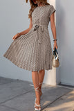 Green Floral A Line Pleated Cap Sleeves Midi Summer Dress with Sash