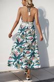Green Floral Halter A Line Long Summer Dress with Lace