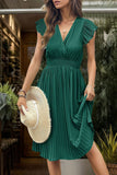 Black Satin V-Neck A Line Pleated Short Summer Dress