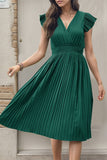 Black Satin V-Neck A Line Pleated Short Summer Dress
