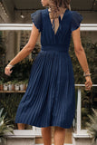 Black Satin V-Neck A Line Pleated Short Summer Dress