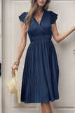 Black Satin V-Neck A Line Pleated Short Summer Dress