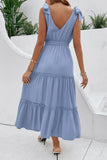 Grey Blue V-Neck A Line Ruffled Summer Dress with Belt