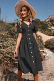 Black V-Neck A Line Short Sleeves Midi Summer Dress with Buttons