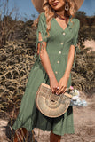 Black V-Neck A Line Short Sleeves Midi Summer Dress with Buttons