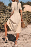 Black V-Neck A Line Short Sleeves Midi Summer Dress with Buttons
