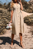 Black V-Neck A Line Short Sleeves Midi Summer Dress with Buttons