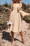 Black V-Neck A Line Short Sleeves Midi Summer Dress with Buttons