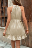 Kahki A Line High Neck Ruffled Short Summer Dress with Sash