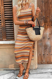 Orange Plaid Sheath Square Neck Long Summer Dress with Slit