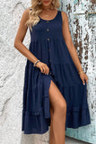 Simple Green A Line Scoop Neck Midi Summer Dress