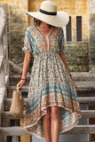 Red Printed A Line V Neck Half Sleeves High-Low Summer Dress