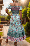 Green Printed Off the Shoulder A Line Long Summer Dress