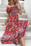 Green Printed Off the Shoulder A Line Long Summer Dress