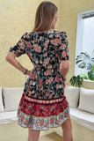 Black Red Printed A Line V Neck Short Summer Dress with Half Sleeves