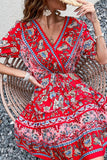 Black Red Printed A Line V Neck Short Summer Dress with Half Sleeves