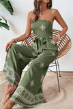 Army Green Printed Strapless Jumpsuit With Sash