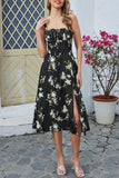 Green Printed Spaghetti Straps Midi Summer Dress With Slit