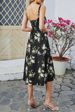 Green Printed Spaghetti Straps Midi Summer Dress With Slit