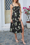 Green Printed Spaghetti Straps Midi Summer Dress With Slit