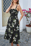 Green Printed Spaghetti Straps Midi Summer Dress With Slit