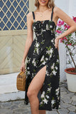 Green Printed Spaghetti Straps Midi Summer Dress With Slit