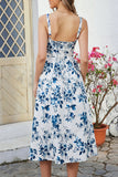Green Printed Spaghetti Straps Midi Summer Dress With Slit
