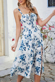 Green Printed Spaghetti Straps Midi Summer Dress With Slit
