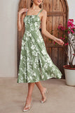 Green Printed Spaghetti Straps Midi Summer Dress With Slit