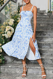Green Printed Spaghetti Straps Midi Summer Dress With Slit
