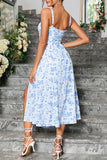 Green Printed Spaghetti Straps Midi Summer Dress With Slit