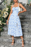 Green Printed Spaghetti Straps Midi Summer Dress With Slit