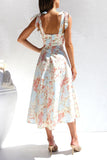 Yellow Blue Flower A Line Square Neck Long Summer Dress
