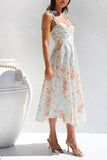 Yellow Blue Flower A Line Square Neck Long Summer Dress