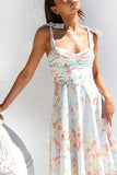 Yellow Blue Flower A Line Square Neck Long Summer Dress
