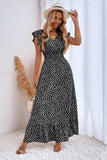 Kahki Polka Dot Ruffle Sleeves A Line Long Summer Dress