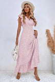 Kahki Polka Dot Ruffle Sleeves A Line Long Summer Dress