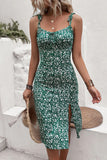 Pink Floral Bodycon Spaghetti Straps Midi Summer Dress with Slit
