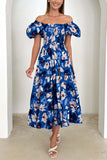 Orange Printed Off The Shoulder Puff Sleeves Long Summer Dress
