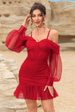 Corset Cold Shoulder Bodycon Red Cocktail Dress With Beading