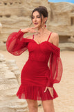 Corset Cold Shoulder Bodycon Red Cocktail Dress With Beading